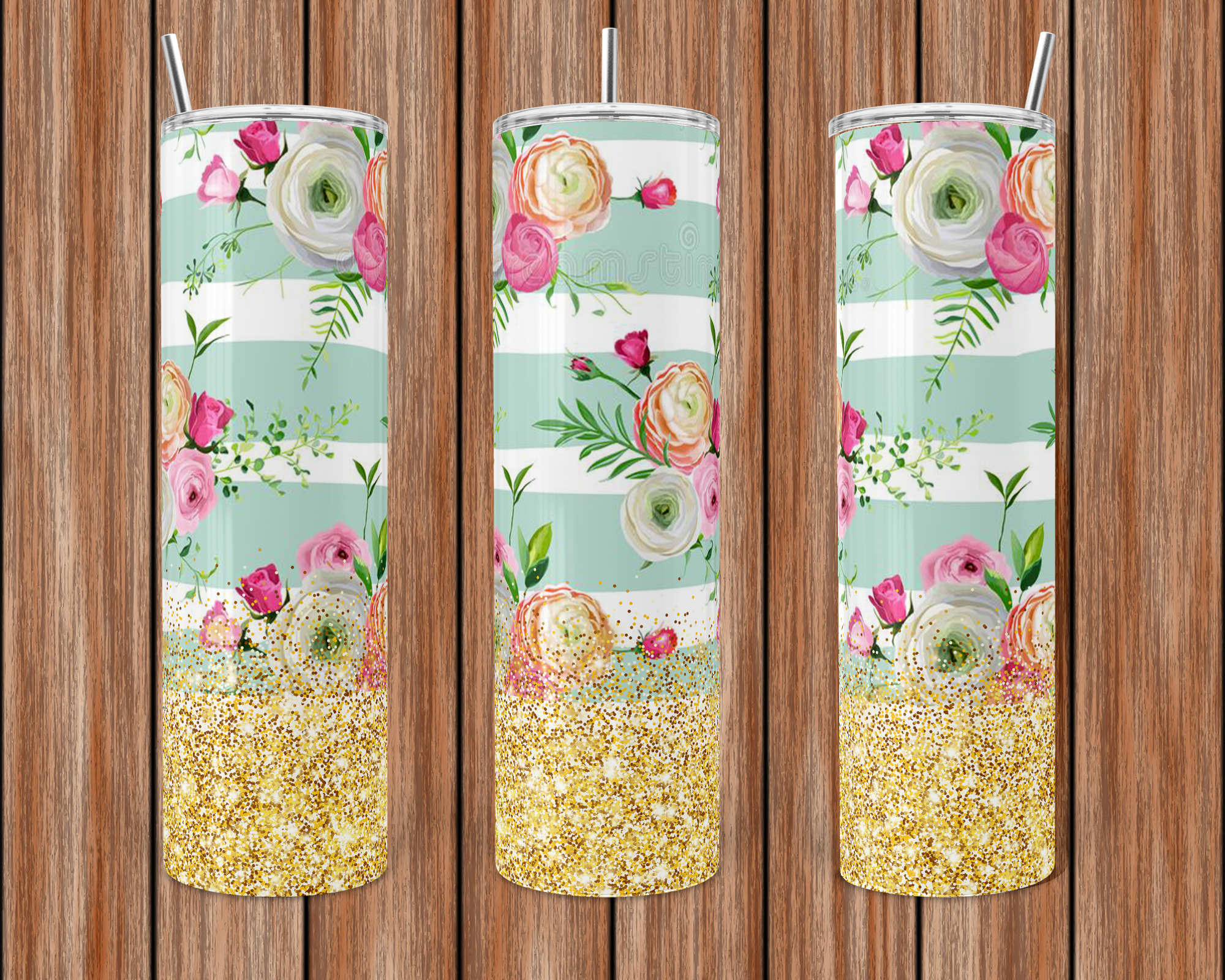 Floral and Gold Glitter Tumbler