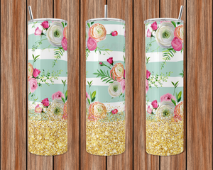 Floral and Gold Glitter Tumbler